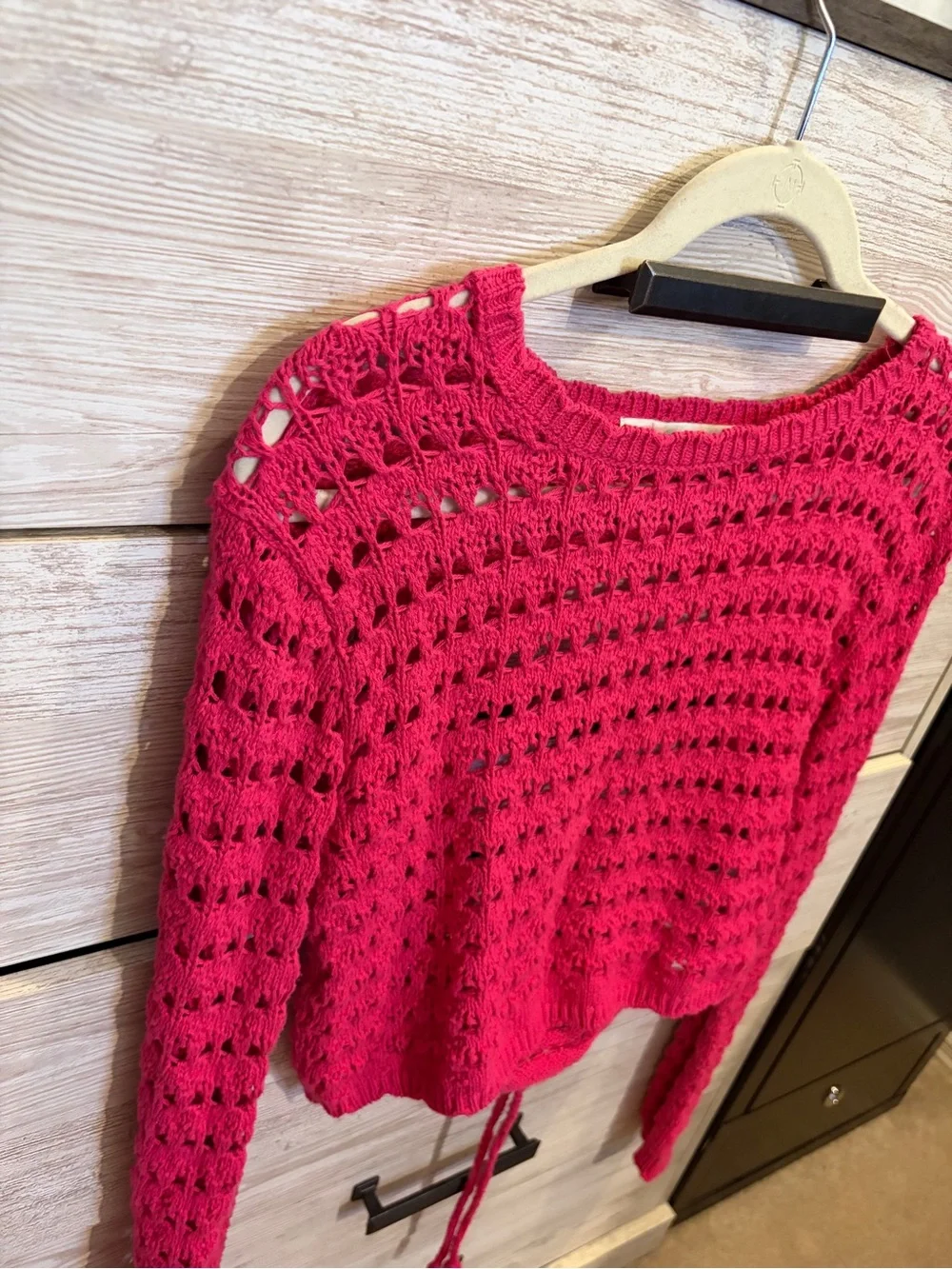 Free People Beach Hot Pink Open Knit Crochet Tie Back Sweater Boho Coastal Top